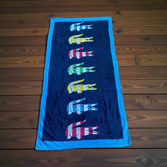 Lacoste 100% Cotton Beach Towel, 35.5" X 70" Blue With Crocodiles Oversized Pool - Picture 1 of 5
